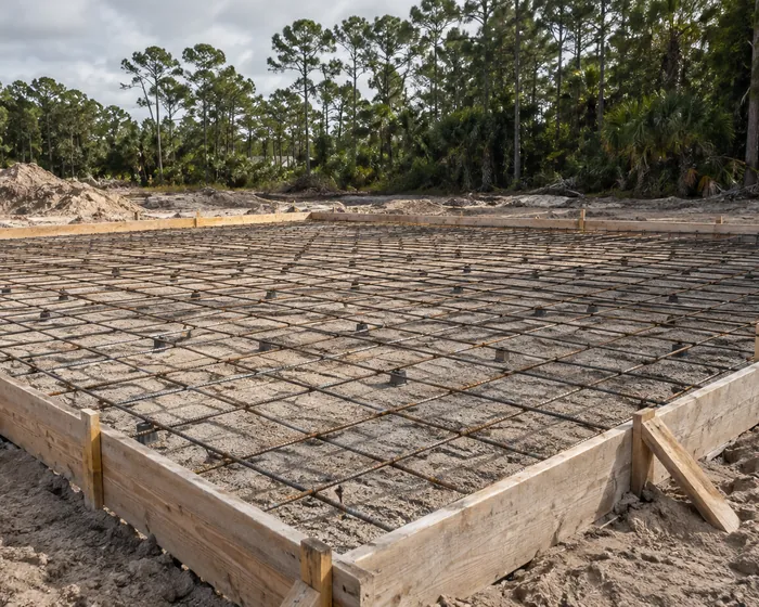 Formed and poured monolithic slab foundation on a new build