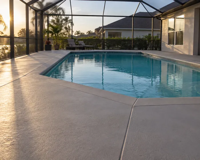 Finished concrete pool deck near the water in Apollo Beach
