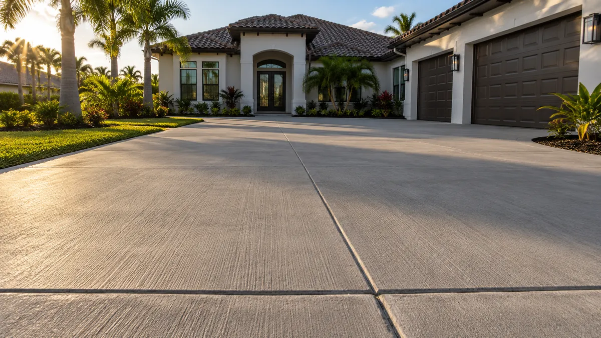 A new concrete driveway in Tampa with the control joints being cut